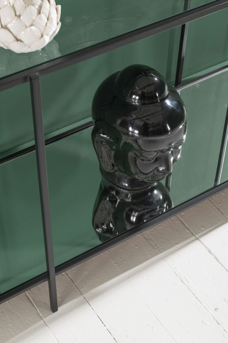 Clearance - Hyde Black Metal Console Table, Clear Glass Top with Mirrored Bottom Shelf - Brand New Item