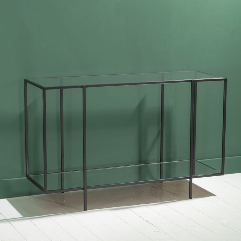 Clearance - Hyde Black Metal Console Table, Clear Glass Top with Mirrored Bottom Shelf - Brand New Item