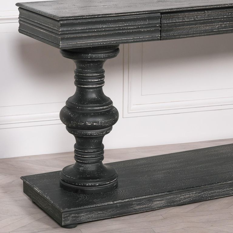 Distressed Mango Wood Console Table - 2 Drawer - Black - Large