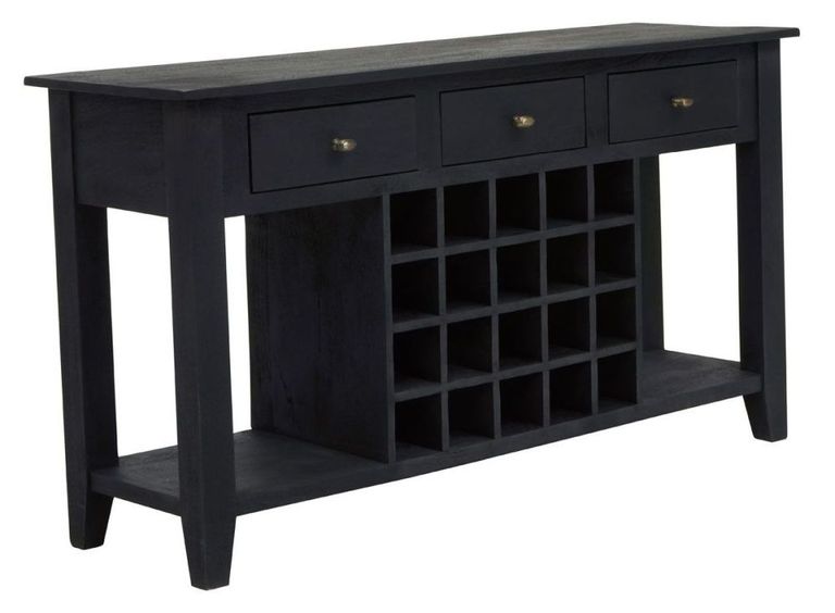 Fusion Console Table - Black Mango Wood - 3 Drawer - with Wine Bottle Storage