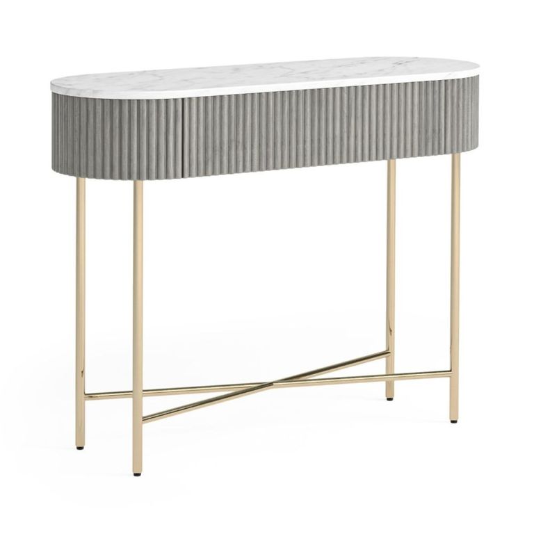 Isabella Grey Console Table - Oval Fluted - White Marble Top