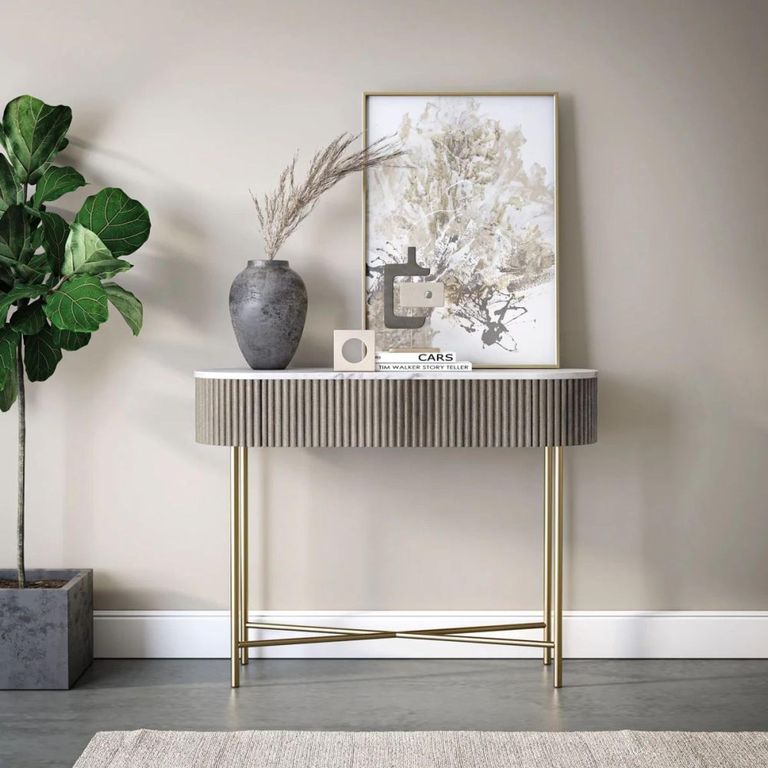 Isabella Grey Console Table - Oval Fluted - White Marble Top