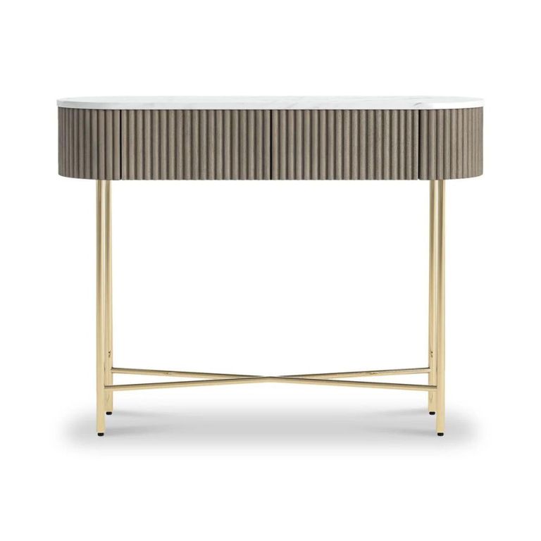 Isabella Grey Console Table - Oval Fluted - White Marble Top