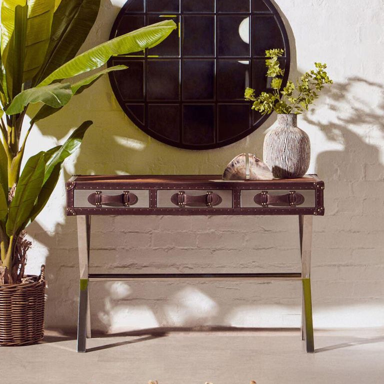 Kensington Townhouse Console Table - 3 Drawer - Brown and White Leather