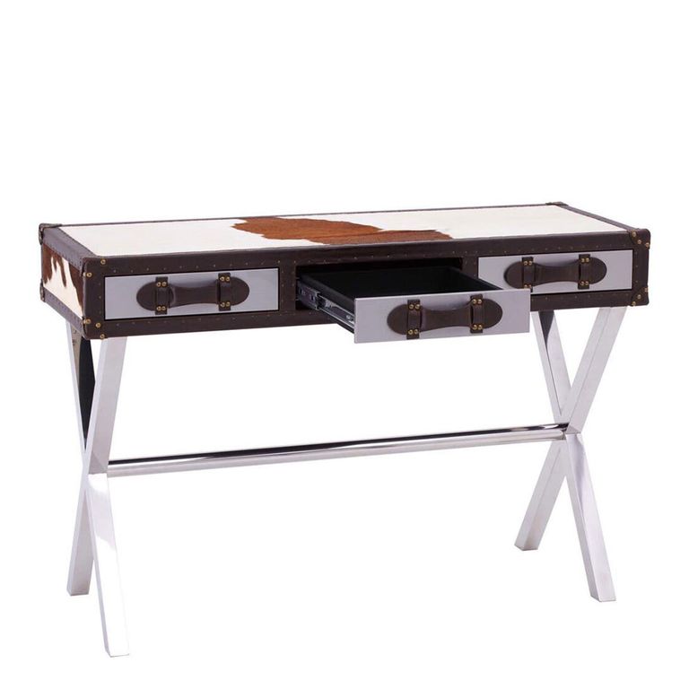 Kensington Townhouse Console Table - 3 Drawer - Brown and White Leather