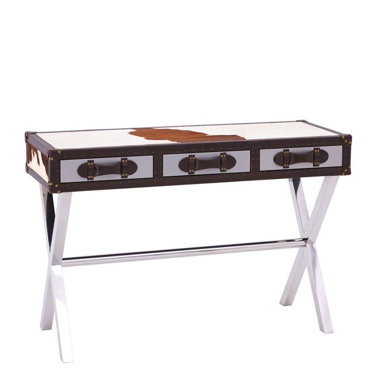 Kensington Townhouse Console Table - 3 Drawer - Brown and White Leather