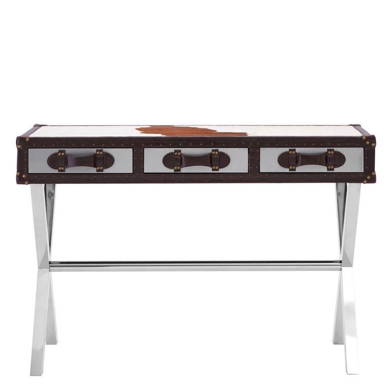 Kensington Townhouse Console Table - 3 Drawer - Brown and White Leather