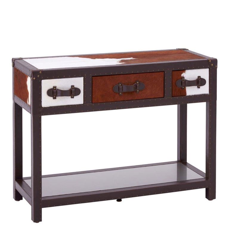 Kensington Townhouse Console Table - 3 Drawer - Brown and White Leather with Shelf