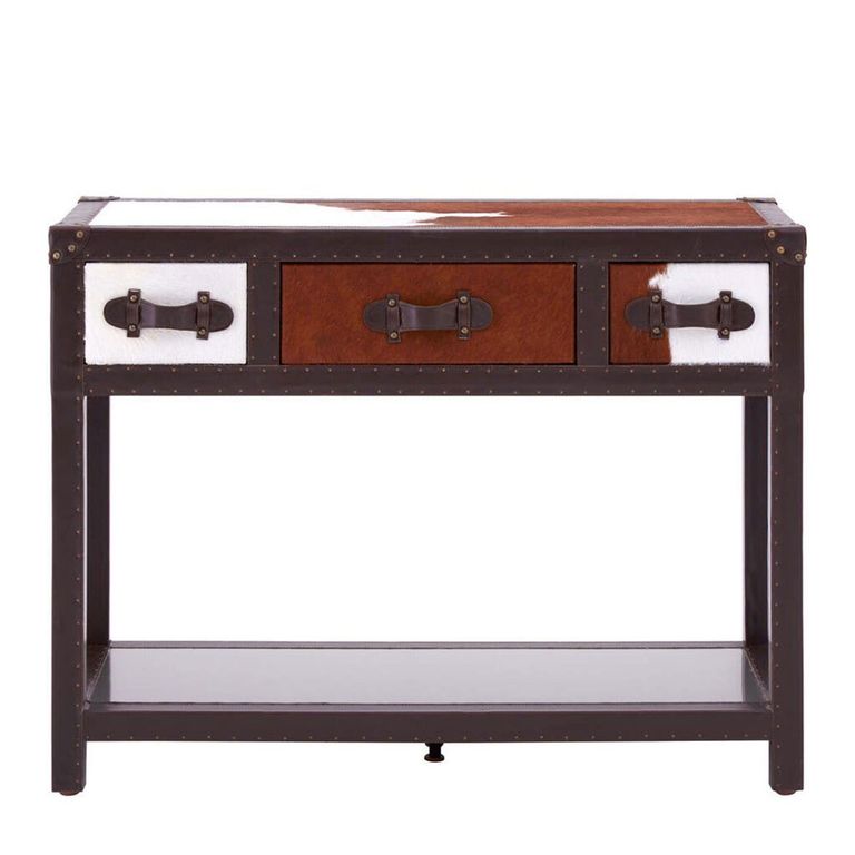 Kensington Townhouse Console Table - 3 Drawer - Brown and White Leather with Shelf