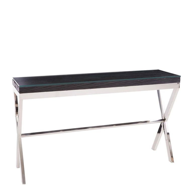 Kerala Console Table - Black Glass with Silver Cross Base