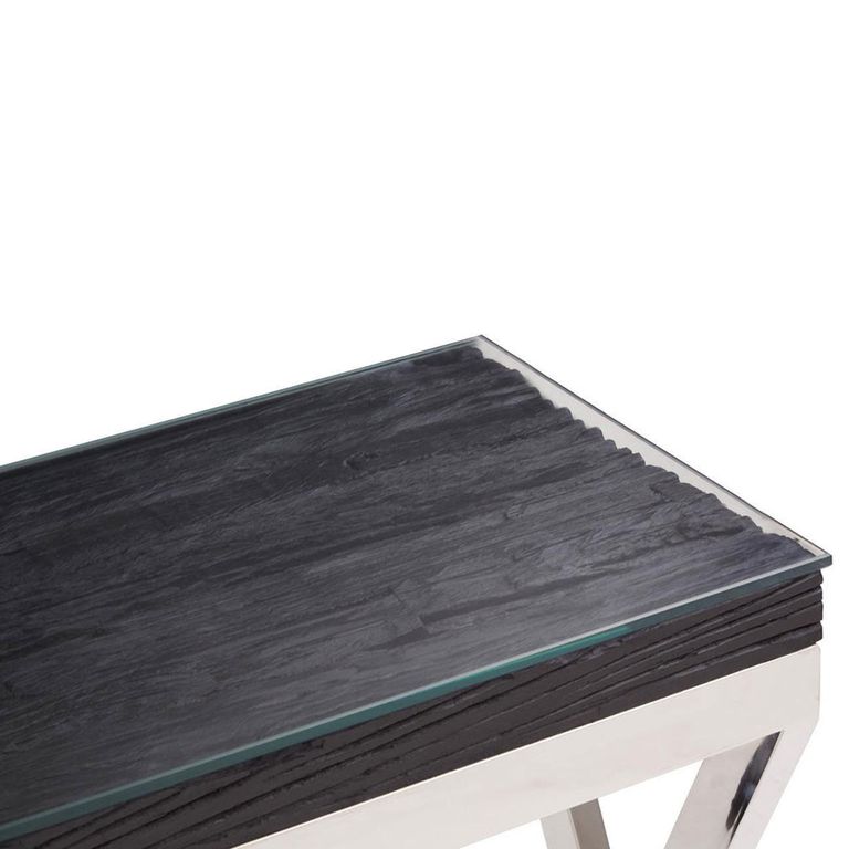 Kerala Console Table - Black Glass with Silver Cross Base