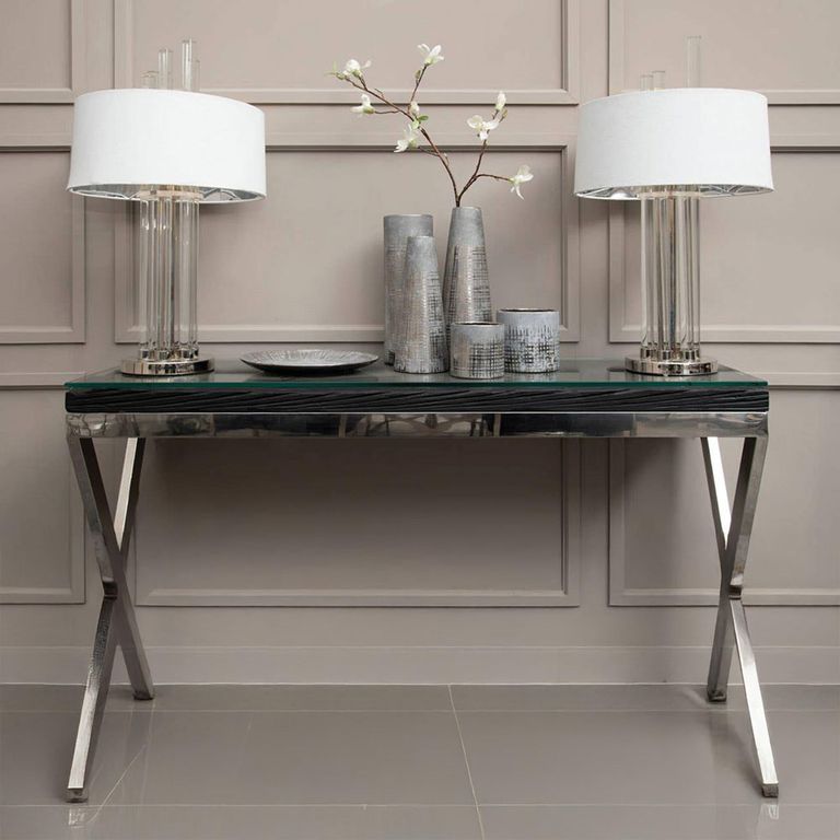 Kerala Console Table - Black Glass with Silver Cross Base