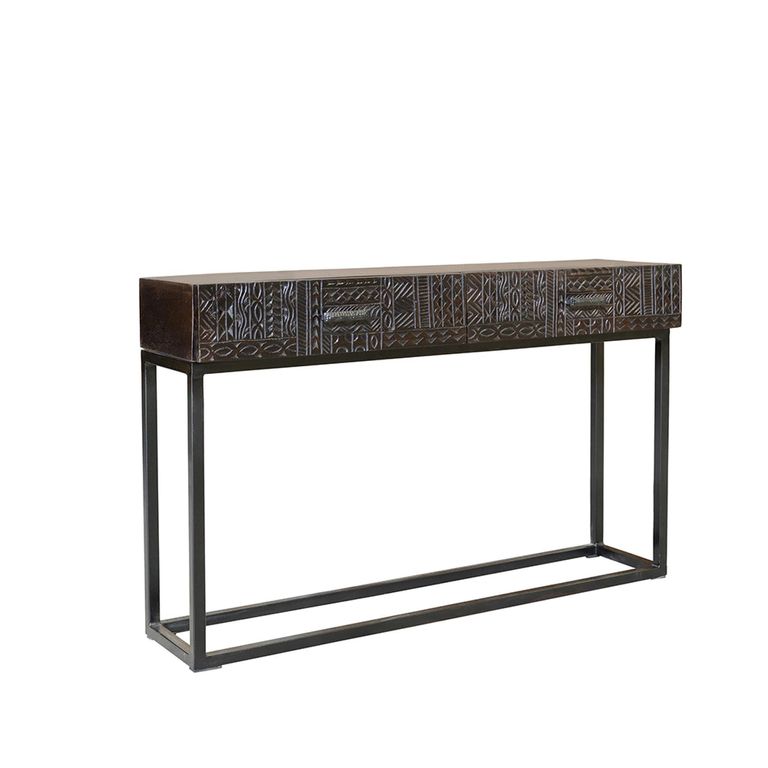 Macedonia Console Table - Carved Dark Mango Wood - 2 Drawer