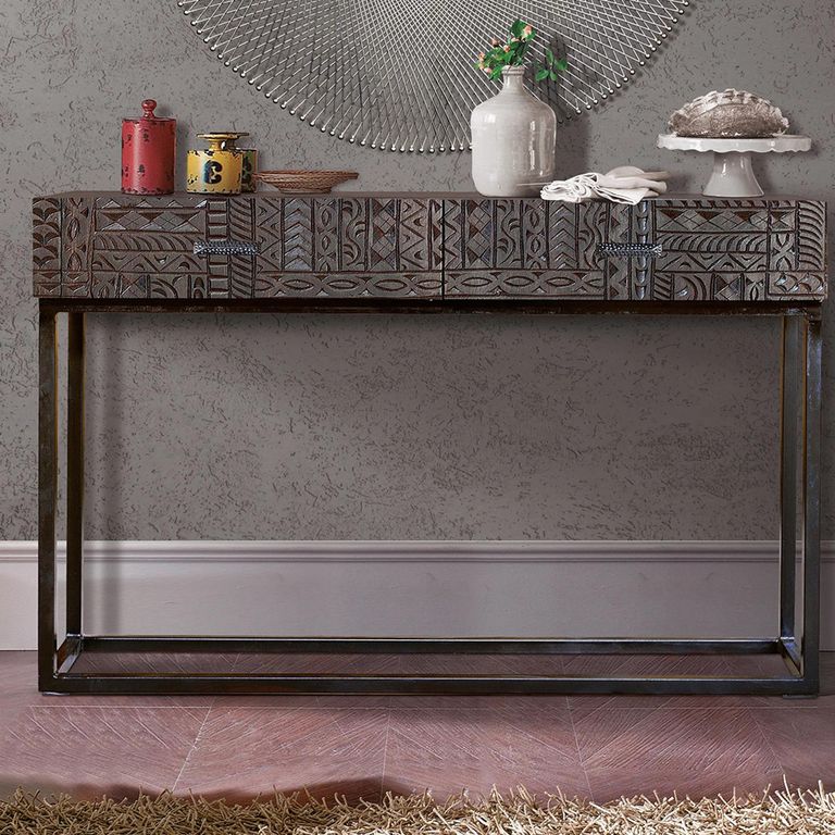 Macedonia Console Table - Carved Dark Mango Wood - 2 Drawer