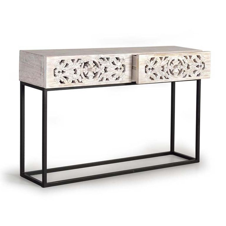 Quintana Console Table - Washed Carved - Mango Wood - 2 Drawer