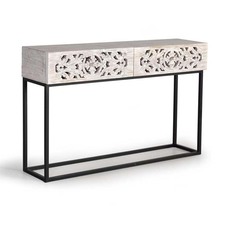 Quintana Console Table - Washed Carved - Mango Wood - 2 Drawer