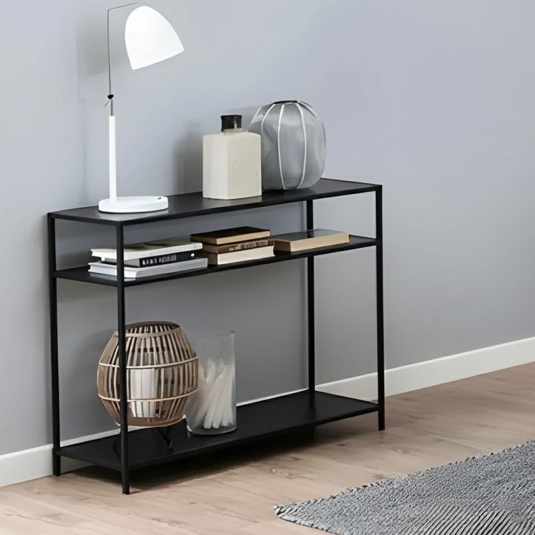 Seaford Console Table - with Shelves - Black Melamine and Metal