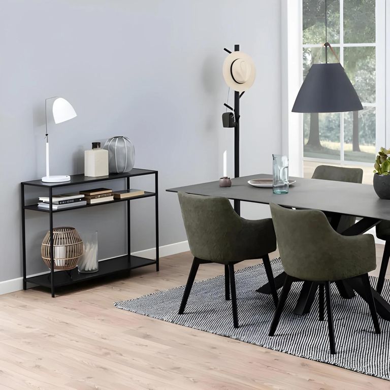 Seaford Console Table - with Shelves - Black Melamine and Metal
