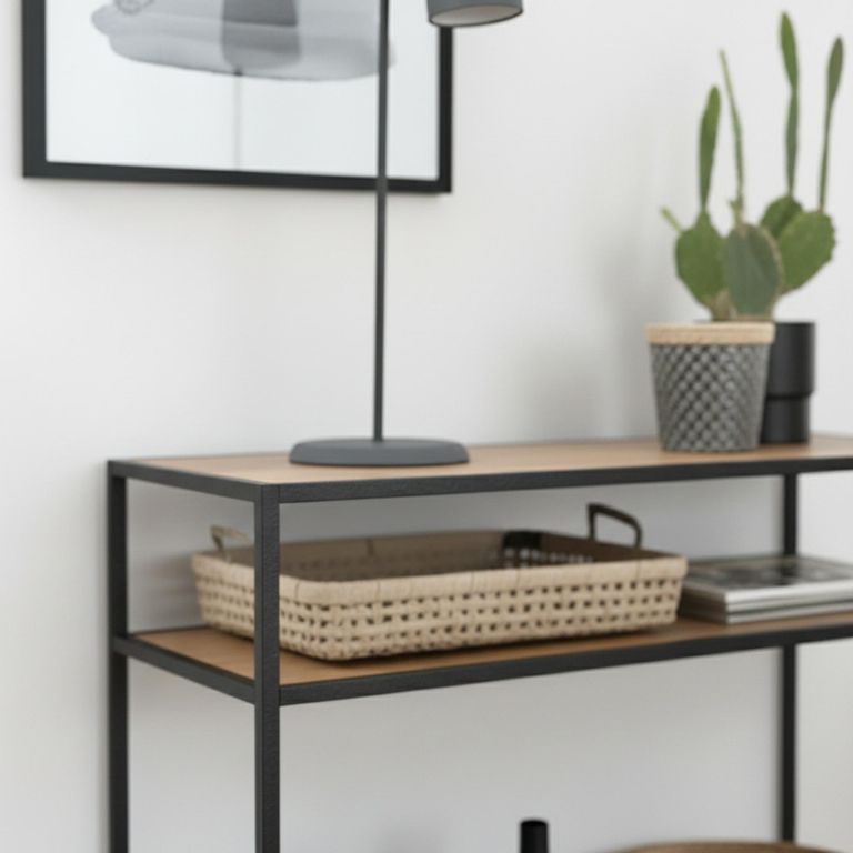 Seaford Console Table - with Shelves - Oak and Black Metal