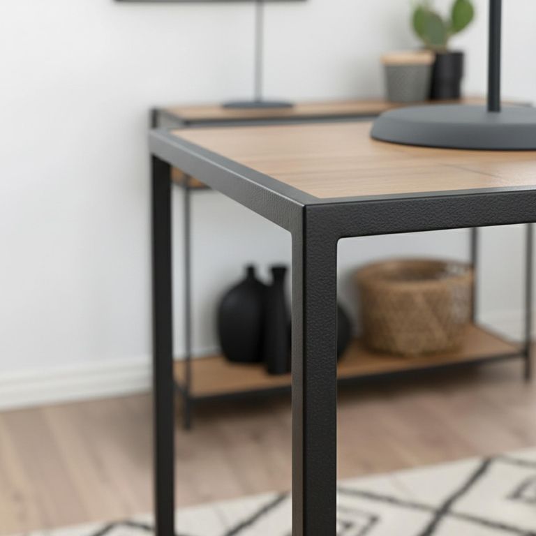Seaford Console Table - with Shelves - Oak and Black Metal