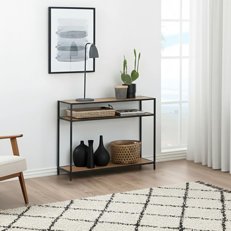 Seaford Console Table - with Shelves - Oak and Black Metal