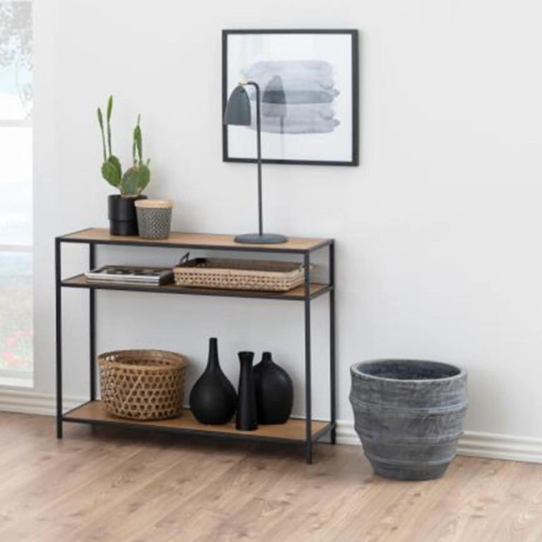 Seaford Console Table - with Shelves - Oak and Black Metal