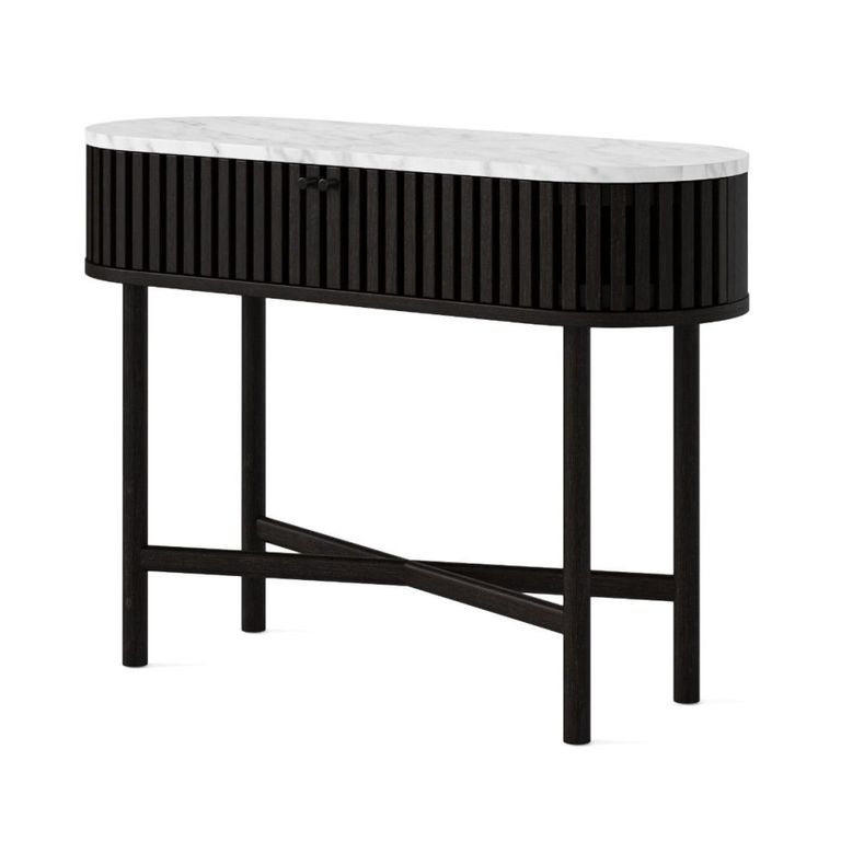Soho Black Console Table - 2 Door - Slatted Oval - White Marble Top