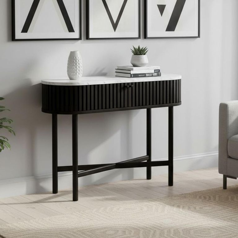 Soho Black Console Table - 2 Door - Slatted Oval - White Marble Top