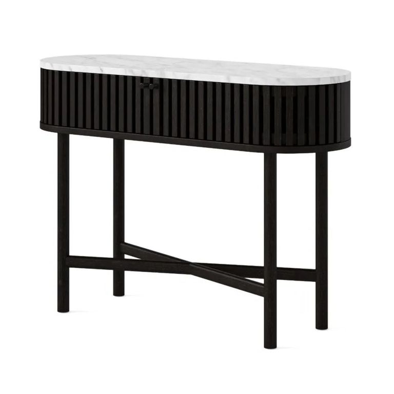 Soho Black Console Table - 2 Door - Slatted Oval - White Marble Top