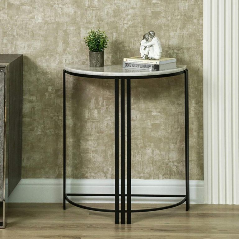Console Table - White Marble and Black Metal - Half Moon