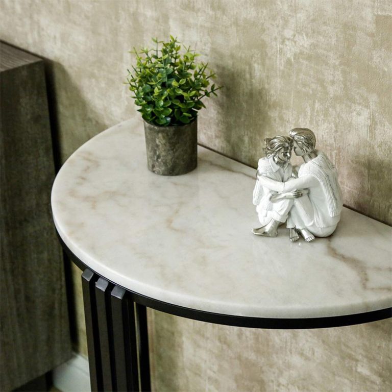 Console Table - White Marble and Black Metal - Half Moon