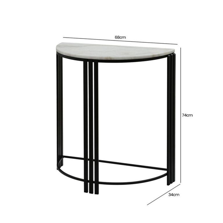 Console Table - White Marble and Black Metal - Half Moon