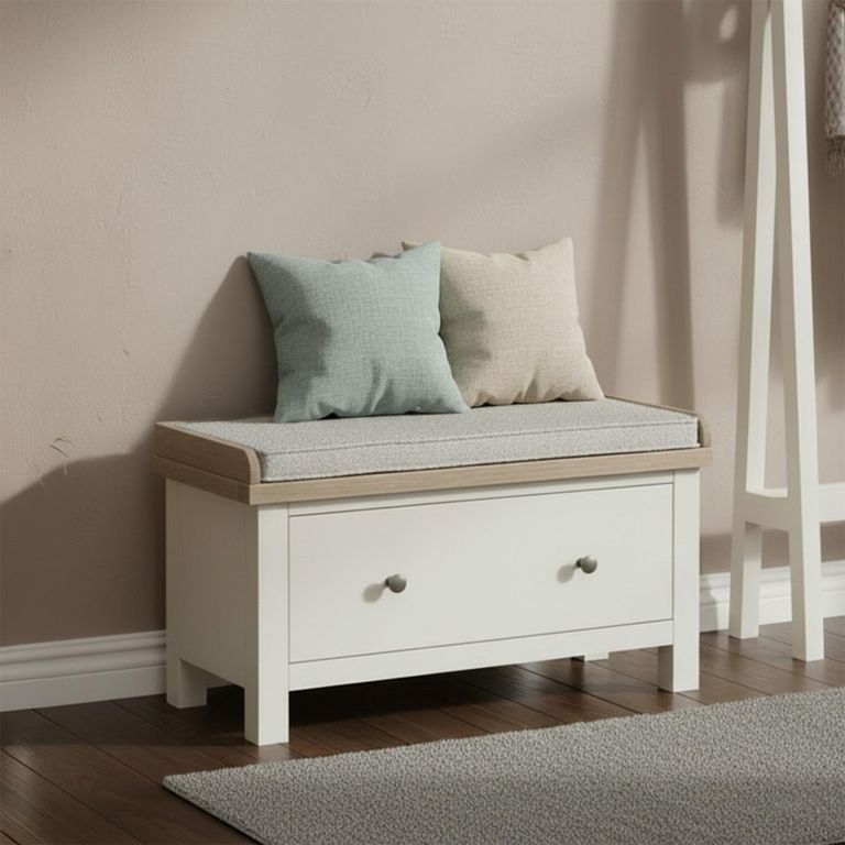 Modern Hallway Bench - 1 Drawer - White Painted