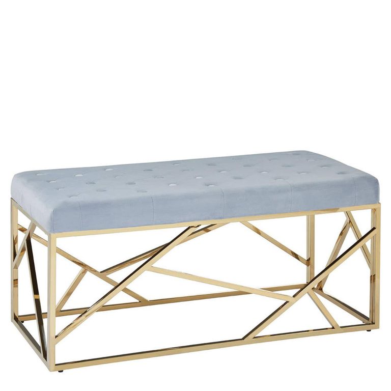 Allure Hall Bench - Powder Blue Velvet Tufted Fabric - Gold Base