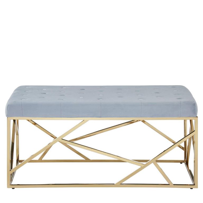 Allure Hall Bench - Powder Blue Velvet Tufted Fabric - Gold Base
