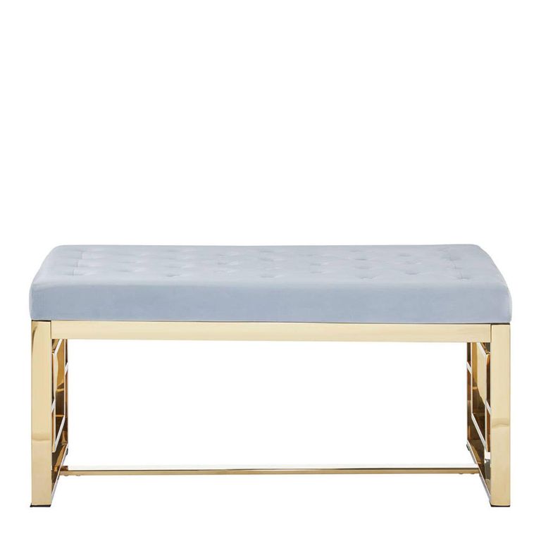 Allure Hall Bench - Powder Grey Fabric Tufted - Gold Base
