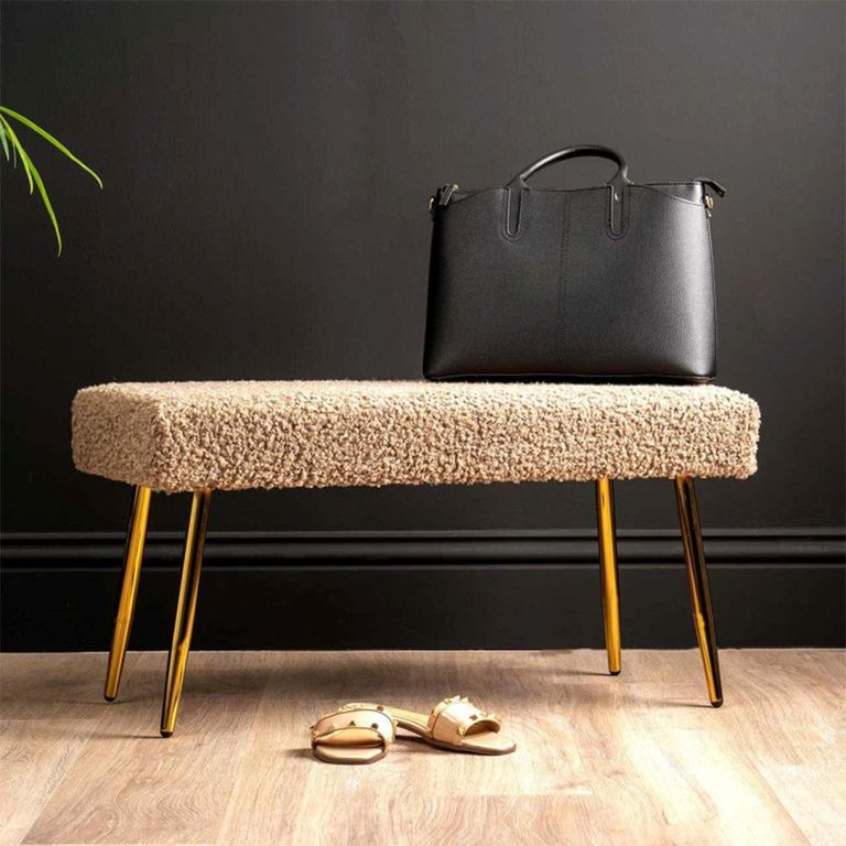 Hall Bench - Oval - Beige Boucle Fabric and Gold Metal