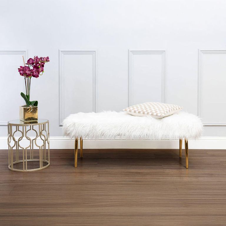 Clarence Bench - White Faux Fur with Gold Legs