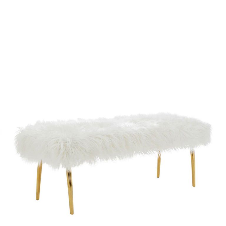 Clarence Bench - White Faux Fur with Gold Legs