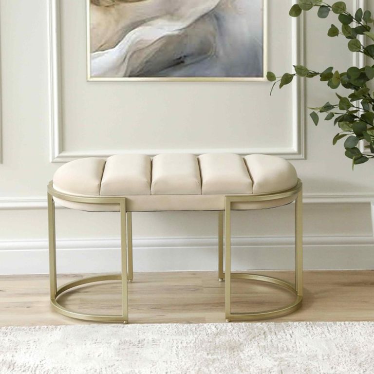 Hall Bench - Oval Small - Cream Velvet Fabric and Champagne Metal