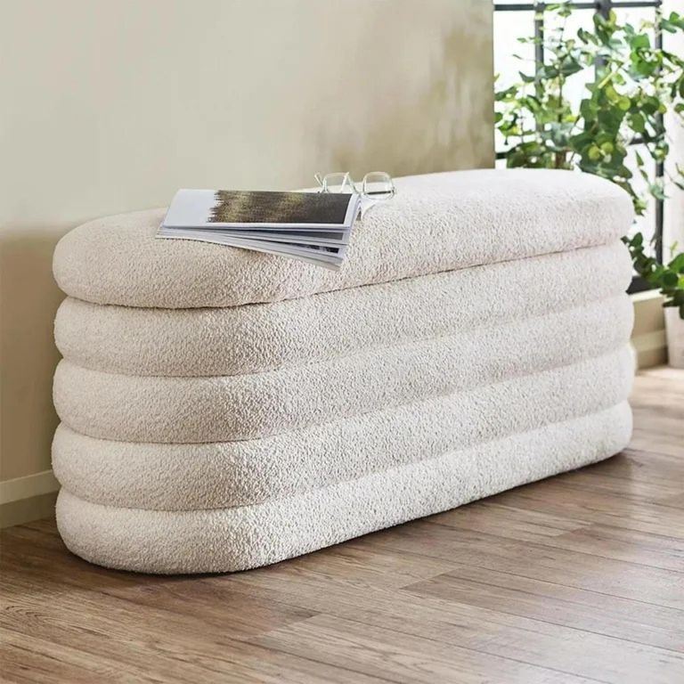 Hailey Ivory Boucle Oval Storage Hall Bench