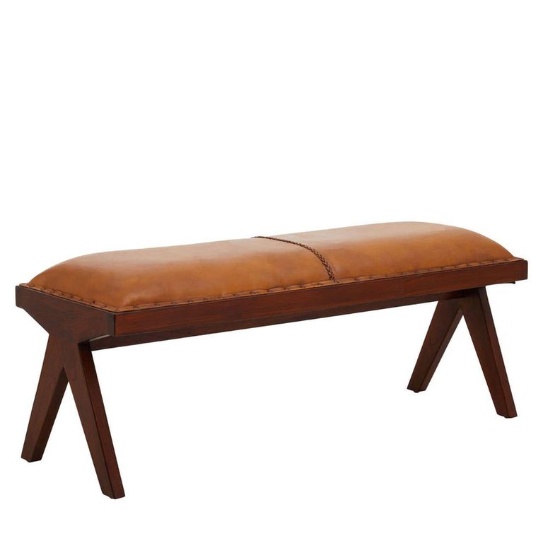 Inca Bench - Brown Leather with Teak Wood