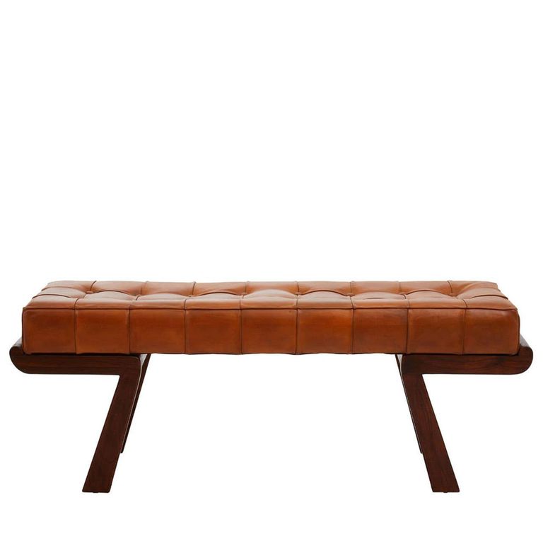 Inca Bench - Brown Leather with Teak Wood - Angular Legs