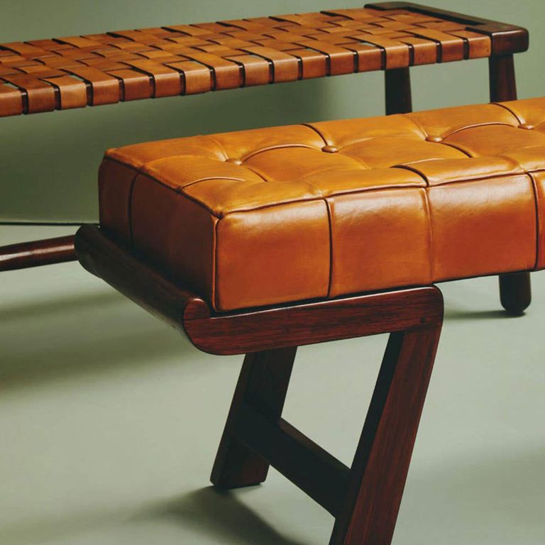 Inca Bench - Brown Leather with Teak Wood - Angular Legs