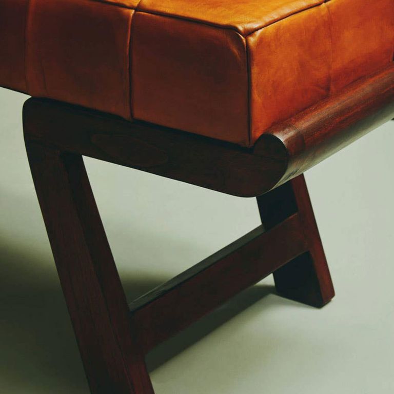 Inca Bench - Brown Leather with Teak Wood - Angular Legs