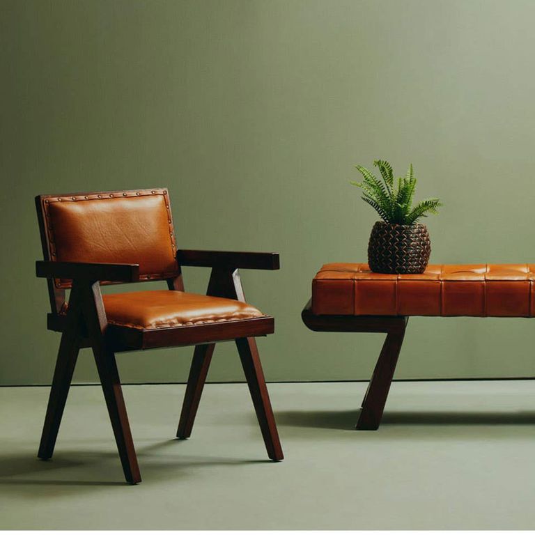 Inca Bench - Brown Leather with Teak Wood - Angular Legs