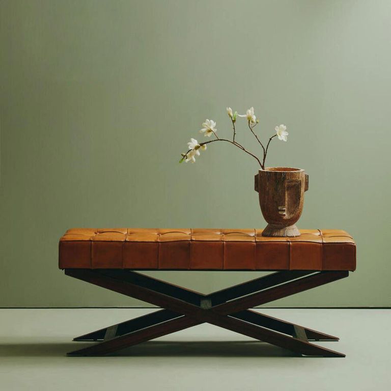 Inca Bench - Brown Leather with Teak Wood - Cross Legs