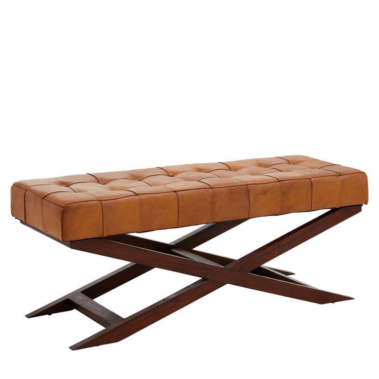 Inca Bench - Brown Leather with Teak Wood - Cross Legs