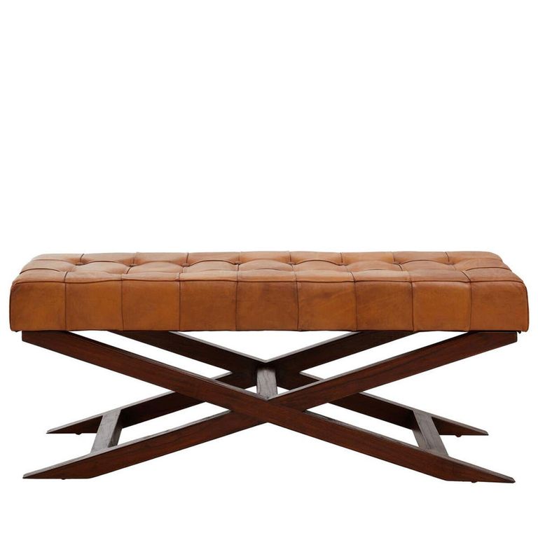 Inca Bench - Brown Leather with Teak Wood - Cross Legs
