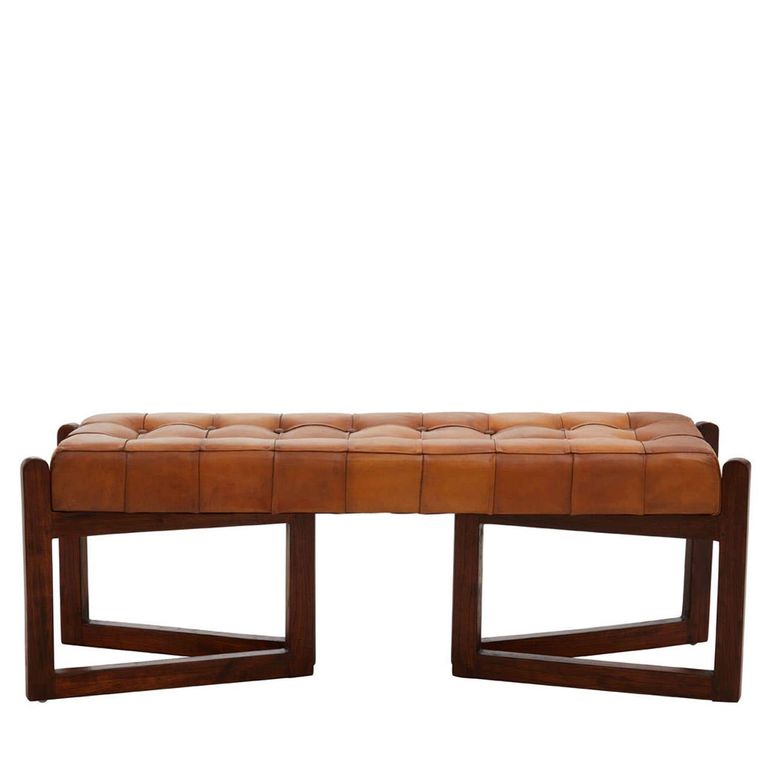 Inca Bench - Brown Leather with Teak Wood - Wooden Legs